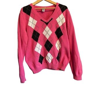 IZOD GOLF Ladies 100% Cotton ARGYLE V Neck Sweater Pink/White/Black- Size Large